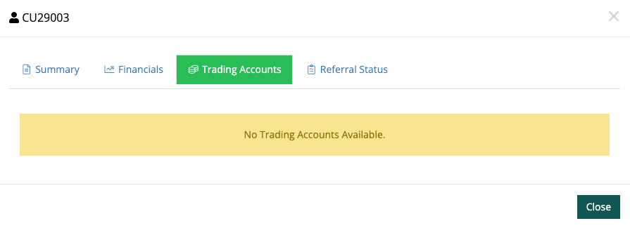 Client profile Trading Accounts tab showing No Trading Accounts Available message